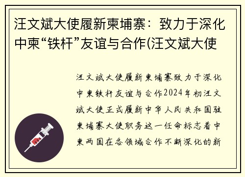 汪文斌大使履新柬埔寨：致力于深化中柬“铁杆”友谊与合作(汪文斌大使年轻照片)