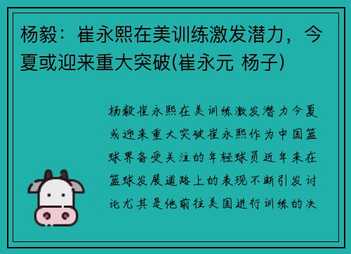 杨毅：崔永熙在美训练激发潜力，今夏或迎来重大突破(崔永元 杨子)