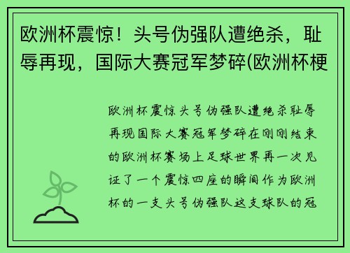 欧洲杯震惊！头号伪强队遭绝杀，耻辱再现，国际大赛冠军梦碎(欧洲杯梗)