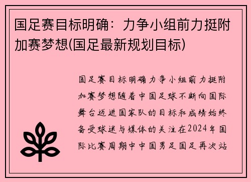 国足赛目标明确：力争小组前力挺附加赛梦想(国足最新规划目标)