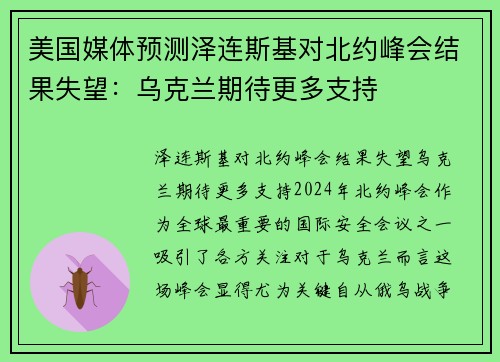 美国媒体预测泽连斯基对北约峰会结果失望：乌克兰期待更多支持